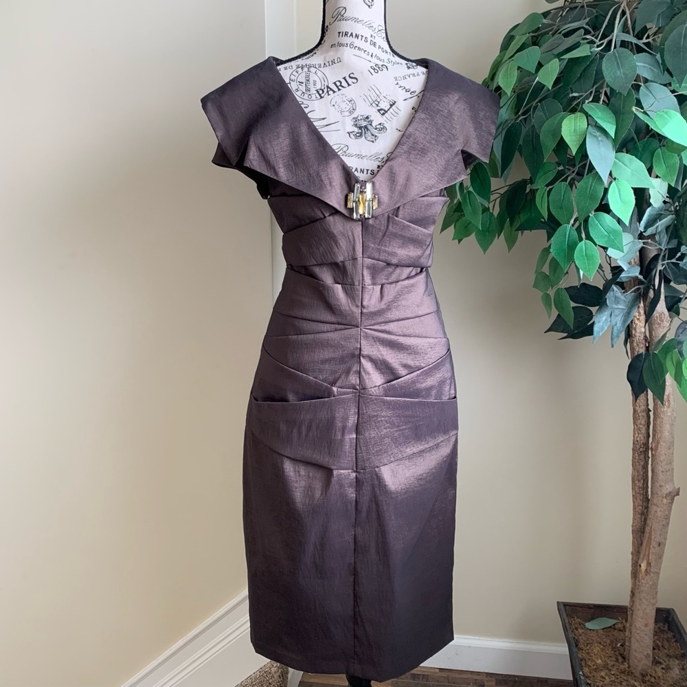 KM Collections by Milla Bell Jeweled Ruched Cocktail Dress Brown Sz 10